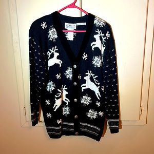 Jantzen Classics cardigan sweater. Size M. Black with white reindeer/snowflakes